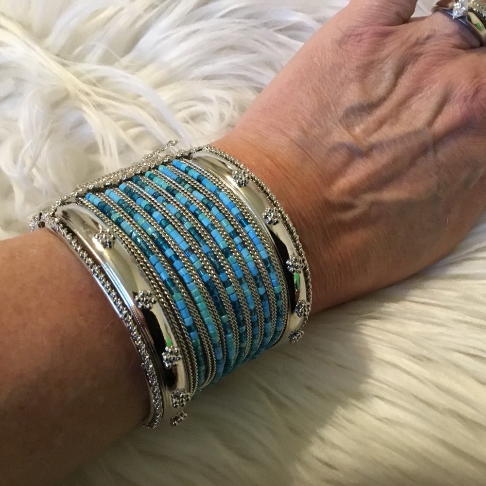 Hinged Silver & Bead Hinged Bangle Bracelet- Size… - image 6